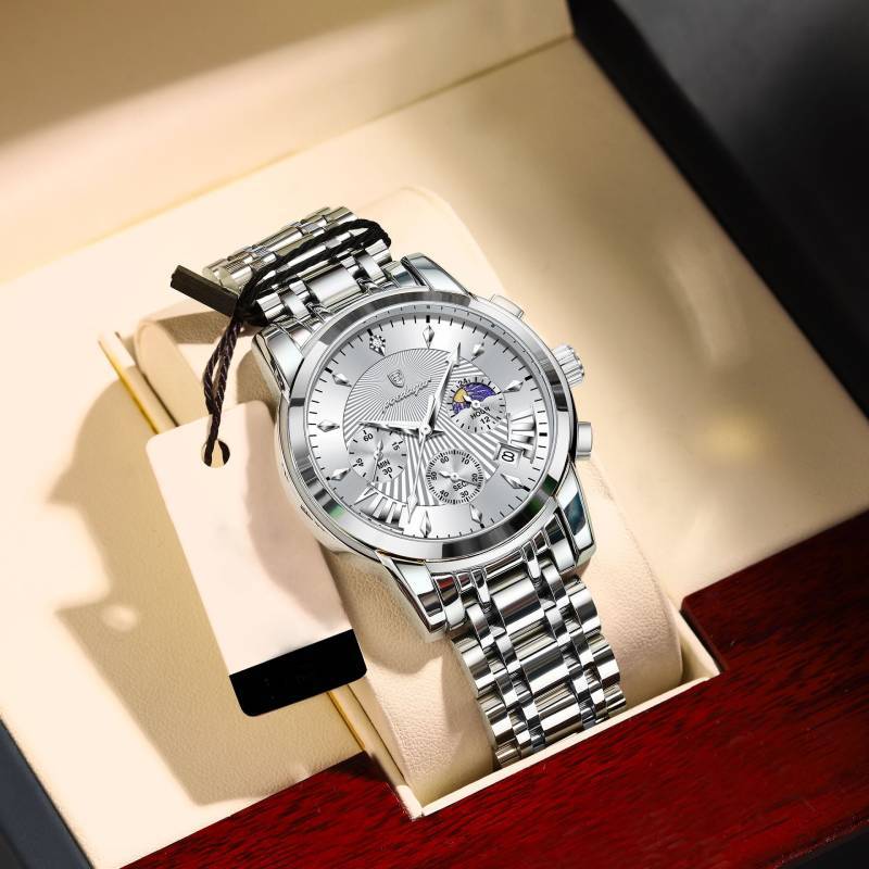 

Swiss Mens Watch With Luminous Dial Moon Phase Chronograph For Sports And Casual Wear Silver White