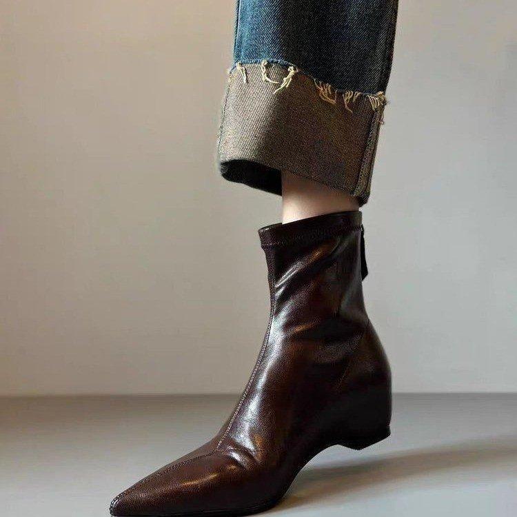 Soft Leather Version~ French Temperament Rear Zipper Inner Height Increase Pointed Short Boots Women's Simple Commuting Versatile Elastic Thin Boots