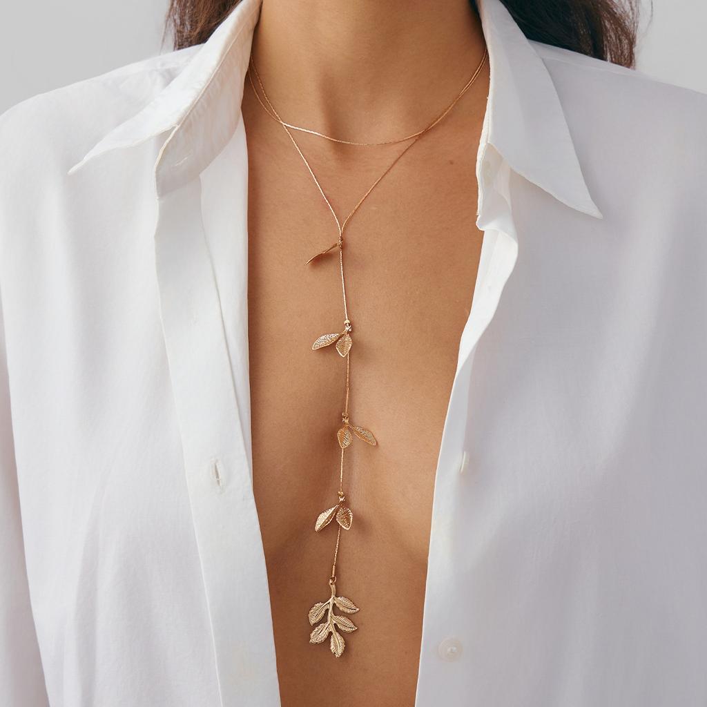 Simple Leaf Pendant, Fringed Necklace, Personalized Metal Thin Chain, Long Collarbone Chain Necklace