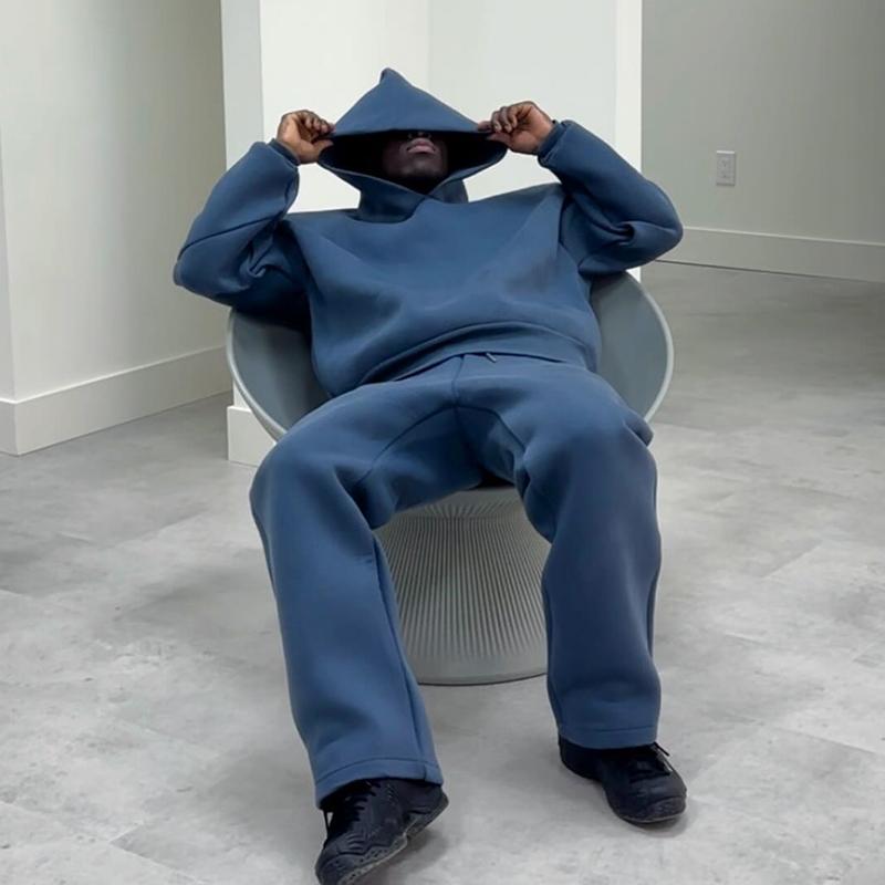 2 Piece Set Fashion Casual Solid Hooded Pullover Straight Pants Tracksuit for Male Loose Hoodies Sweatshirt Wide Leg Sweatpants