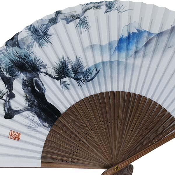Kimono Folding Pine and Fuji Paper Folding Karaki Wood Shojuan [Stylish Iroha] Fan, Mt. Design, High-Quality Fan, Carving, Men's, 22cm,