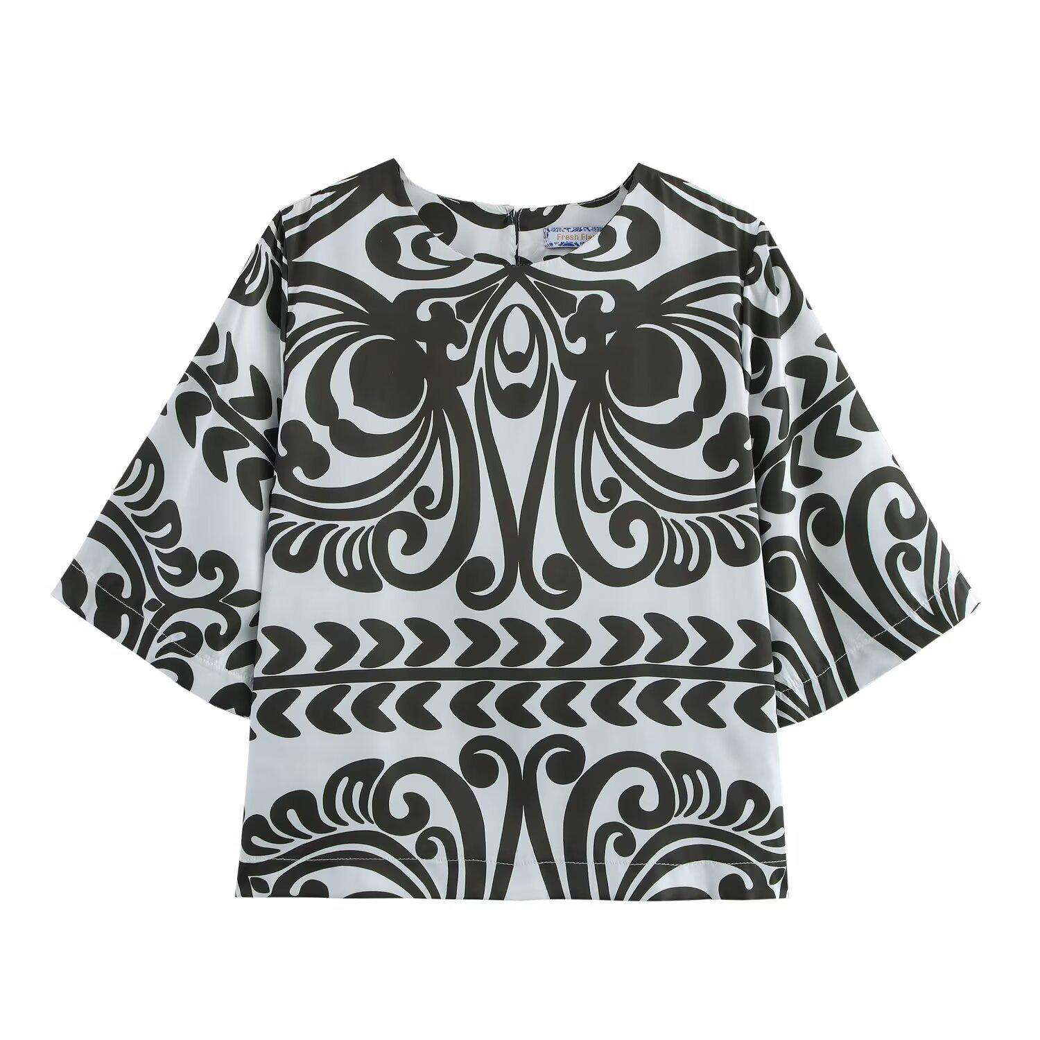 

Женский шелковый атласный топ с принтом, весна 2025, европейский и американский стиль Large