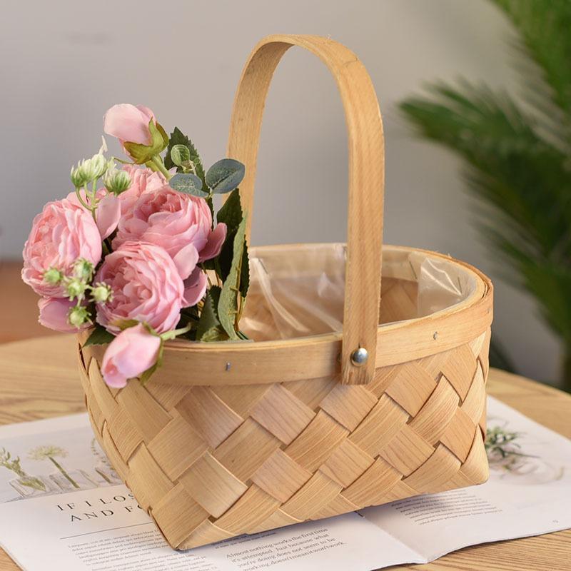 Flower Basket Wood Chips Portable Rattan Bamboo Basket Woven Pastoral Ornament Flower Arrangement Potted Plant Pot Simulation Flower Basket Ornament