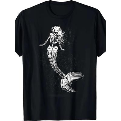 Halloween Meerjungfrau Skelett Grafikdruck Herren Luxus Baumwolle Kurzarm T-Shirt Sommer Unisex Herren- und Damenstraße