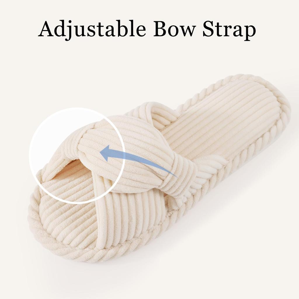 Fashion Kidmi Corduroy Women Slippers Indoor Open Toe House Shoes Memory Foam Slides With Adjustable Bow Strap Spring New Lady Slippers