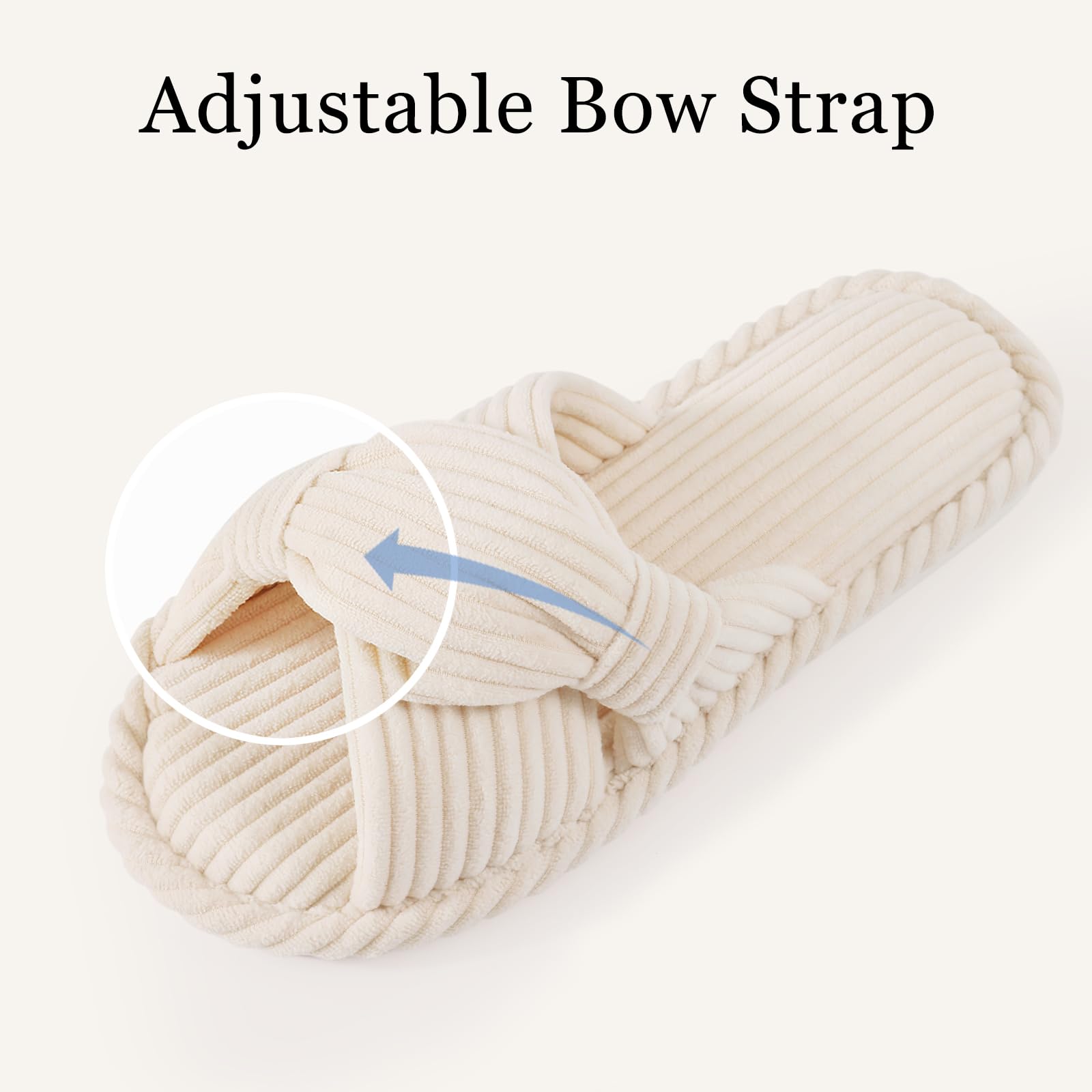 Fashion Kidmi Corduroy Women Slippers Indoor Open Toe House Shoes Memory Foam Slides With Adjustable Bow Strap Spring New Lady Slippers cm beige