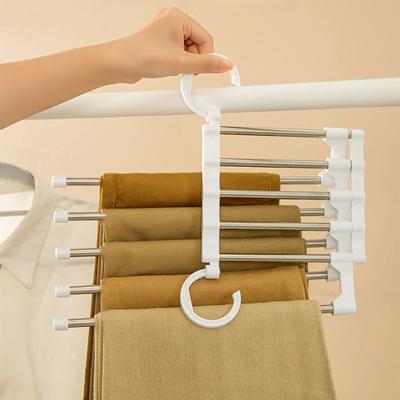 5 In 1 Stainless Steel Pants Rack Wardrobe Storage Adjustable Magic Trouser Hangers Multifunction Towel Shelves Closet Organizer