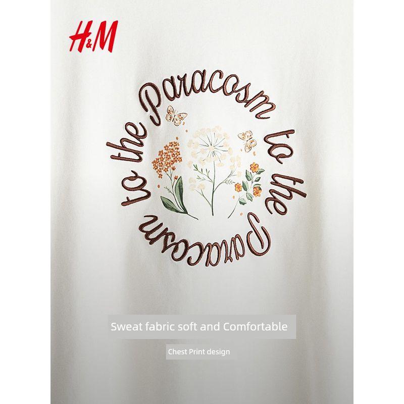 

HM Women s t-shirt 2025 Summer New Loose Print American round Neck Pattern Drop Shoulder Half Sleeve Top 1287801 White/Paracsm 150/76(XXS)