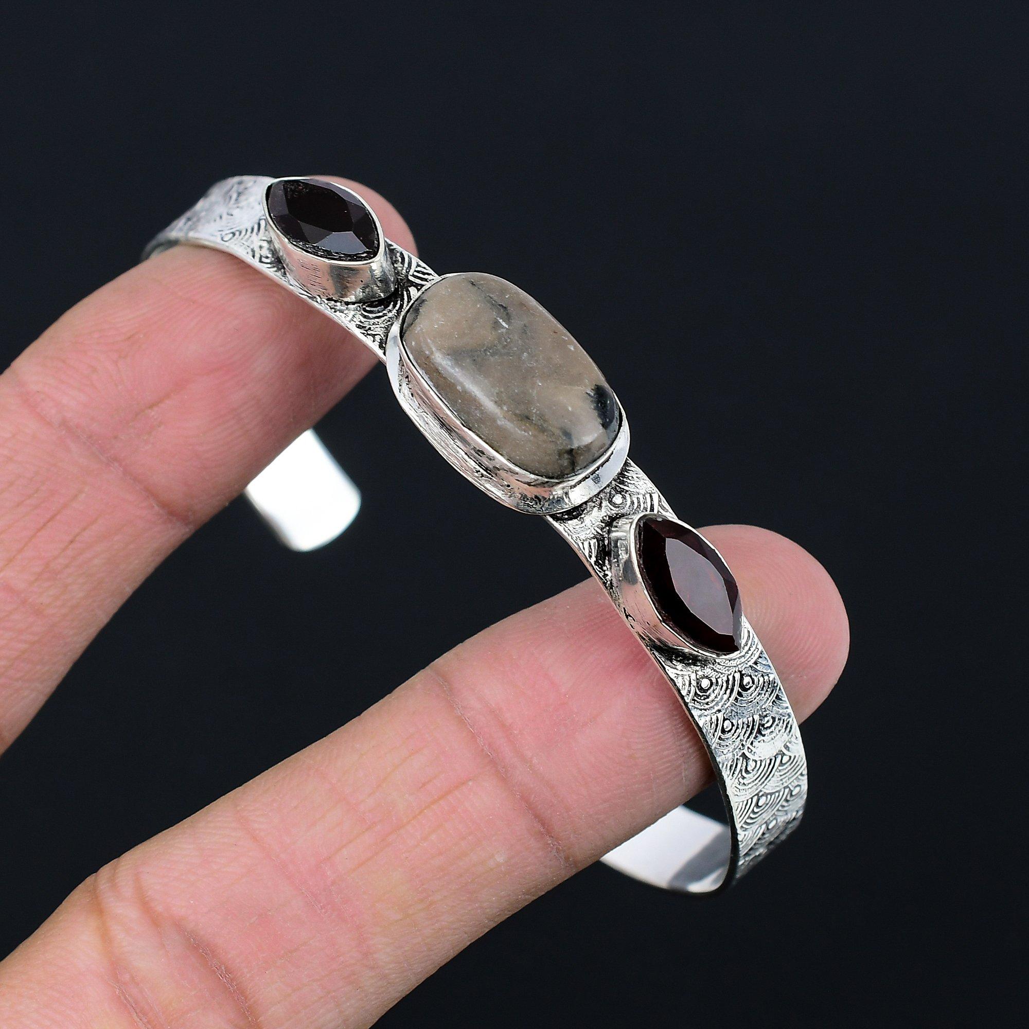 

Gift For Her 925 Silver Natural Spider Web Jasper Gemstone Bangle Adjustable Adjustable