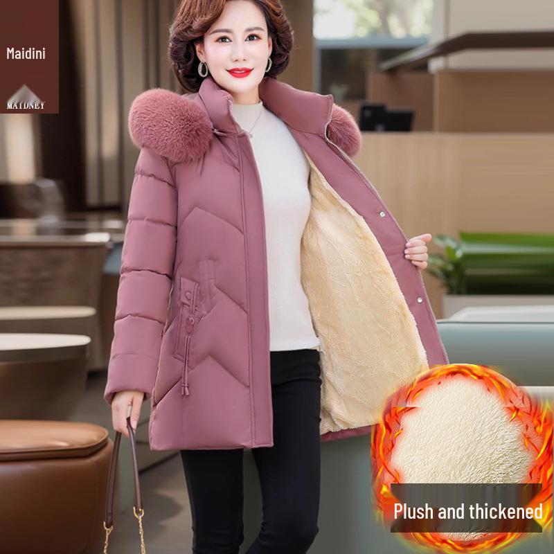 Mom's Mid-Length Fleece-Lined Down Cotton Coat - Petite, Middle-Aged & Elderly Women's Winter Jacket
