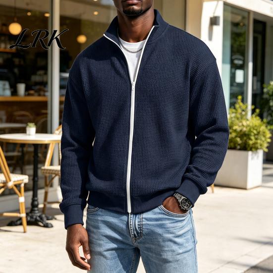 Klassischer Amerikanischer Stil Herren Außenbekleidung Waffelstrick Reißverschluss Jacke, Langarm Umlegekragen Moderne Truckerjacke Lässiger Cardigan Sweatshirt,