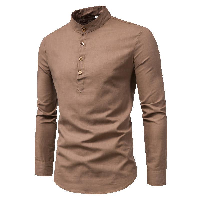 Cotton Linen Long-Sleeved Shirts Autumn Solid Color Stand-Up Collar Casual Beach Style Plus Size Shirts
