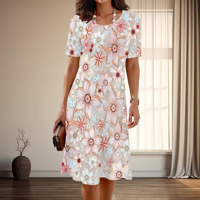 Damenmode Anmutiges Blumendesign Print Sommer Frühling Kurzarm O-Ausschnitt Freizeitkleider