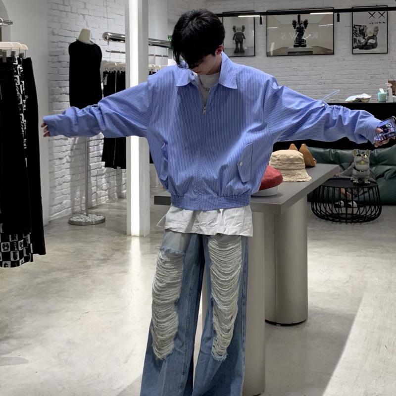 

Men s Striped Cross-Border Jacket - Loose Fit High Street Shirt, Sun Protection with Shoulder Pads L синій