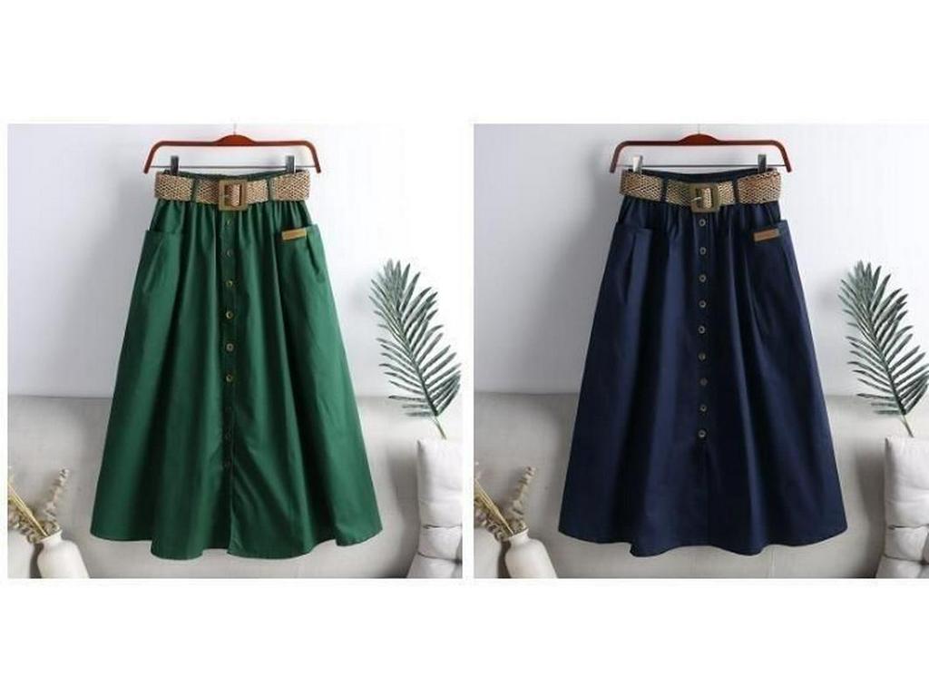 2024 Spring/Summer Korean Style Elastic High Waist A-Line Midi Skirt with Large Pockets and Slit