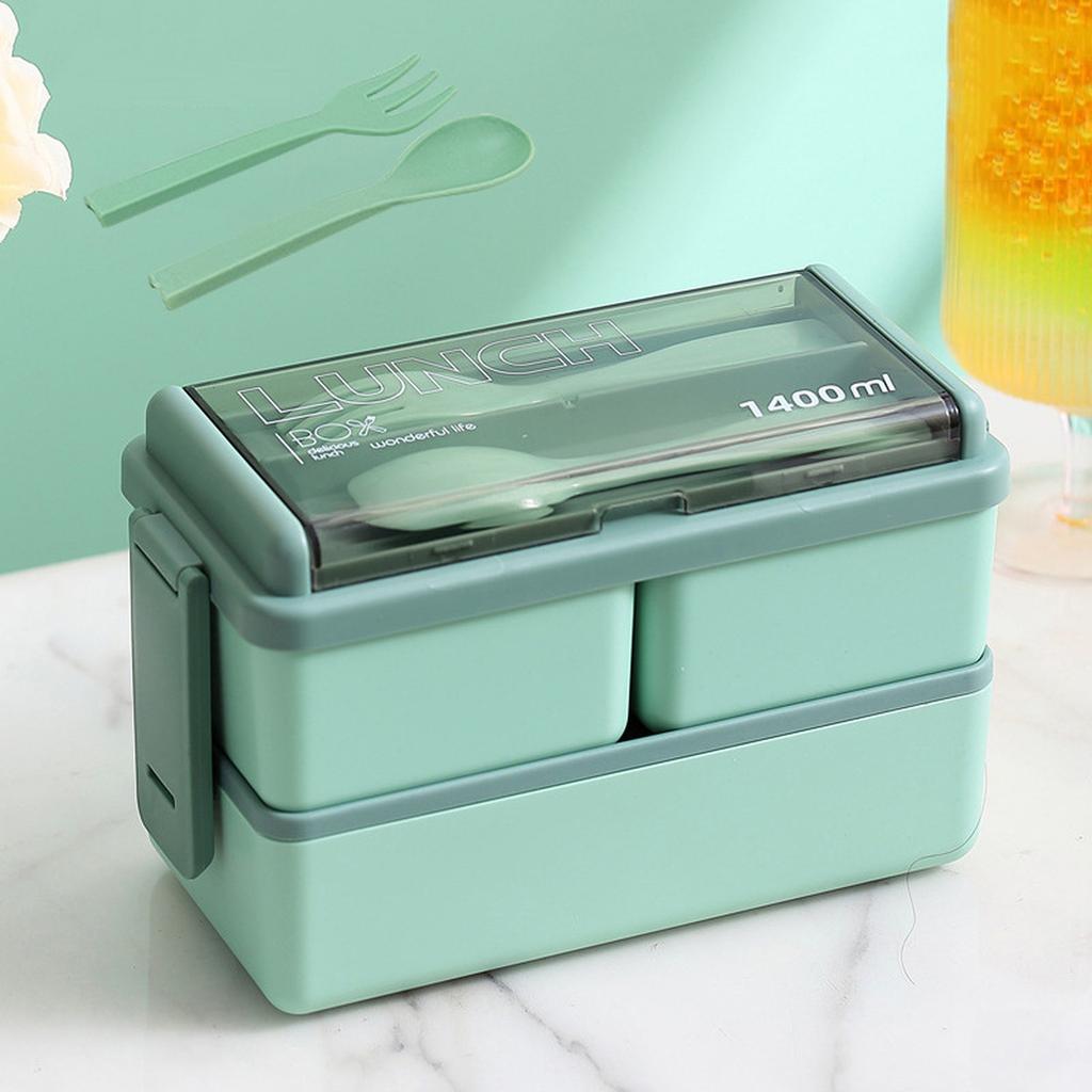 Double Layer Plastic Bento Lunch Box with Utensils Microwave Safe Leakproof Food Storage Container for Office School Meal Prep 1400ml