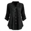 Spring Summer Women Shirt Mid Length V Neck Button-down Blouse with Cufflink Floral Embroidery Long Sleeve Lace Top for Dating