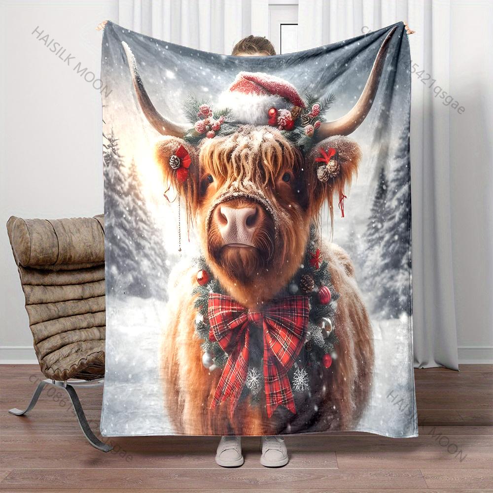 Festive Cattle with Christmas Decor Pattern Blanket Flannel Material Soft Warm for All Seasons, Home Outdoor Camping Picnics RV 75X95CM