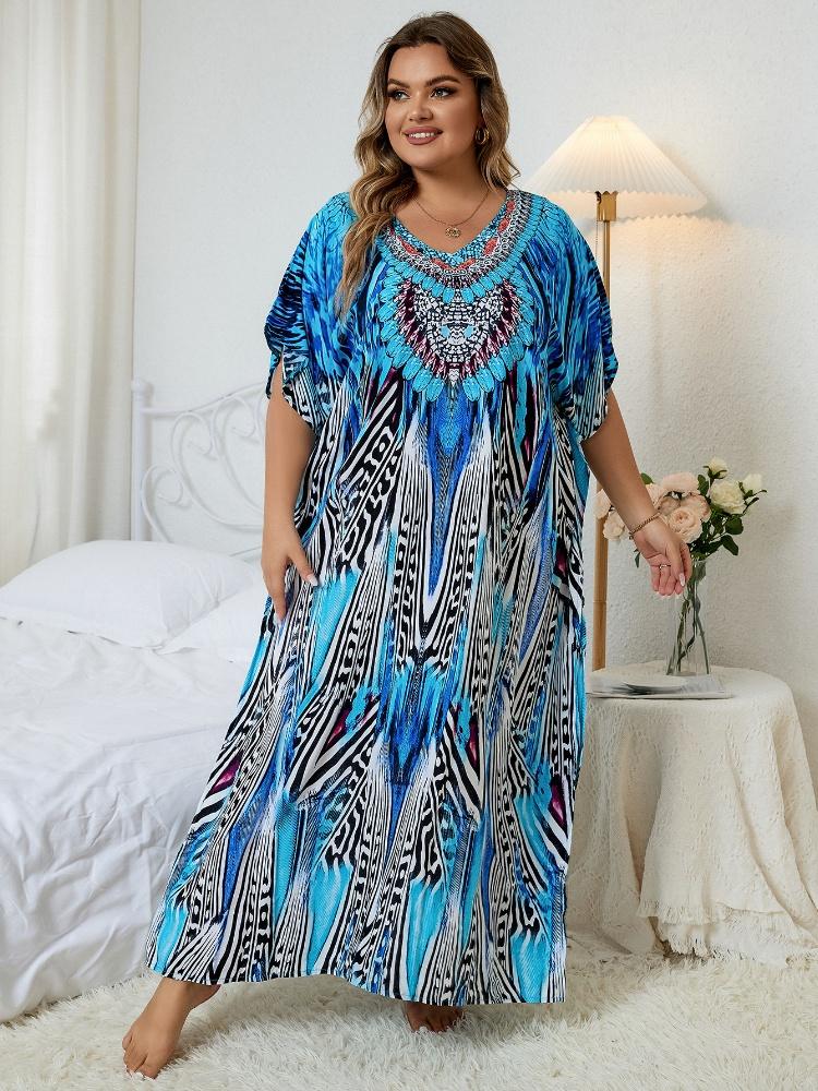 EDOLYNSA Niebieska damska długa sukienka Kaftan w stylu boho, oversize, wakacje na plaży, gorąco sprzedająca się narzutka na strój kąpielowy, szykowna, oddychająca sukienka domowa