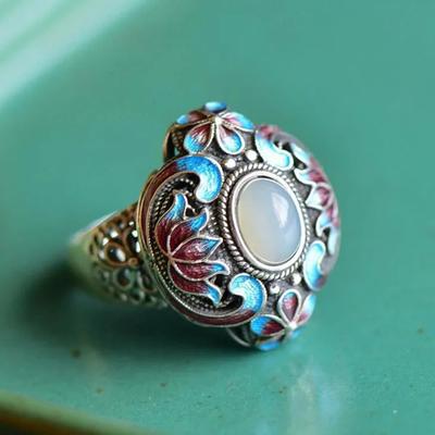 Designer originale artigianale intarsiato smalto porcellana loto naturale calcedonio anello regolabile gioielli etnici classici da donna