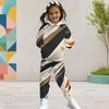 Girls Geometric Printed Hooded Long Sleeve Two Piece Tracksuit Kangaroo Pocket Cuffed Pants Set