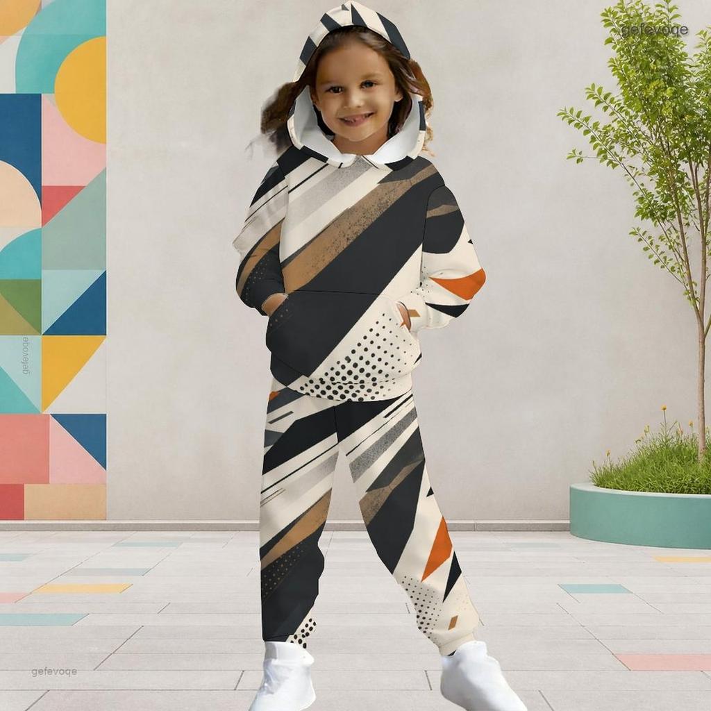 Girls Geometric Printed Hooded Long Sleeve Two Piece Tracksuit Kangaroo Pocket Cuffed Pants Set