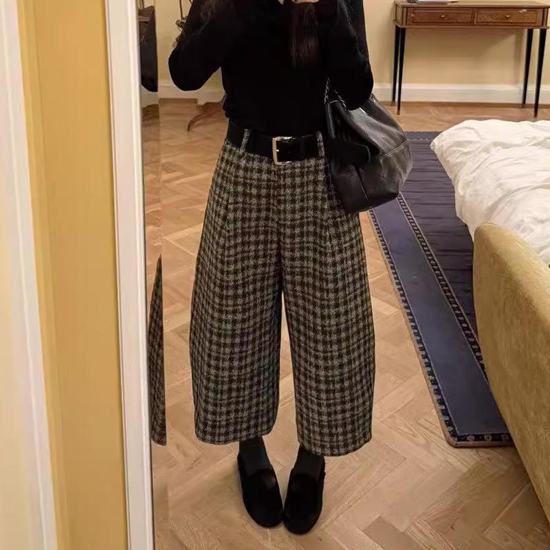 

2025 Winter Korean Style Boucle Plaid Wide-Leg Cropped Pants for Women Extra Large