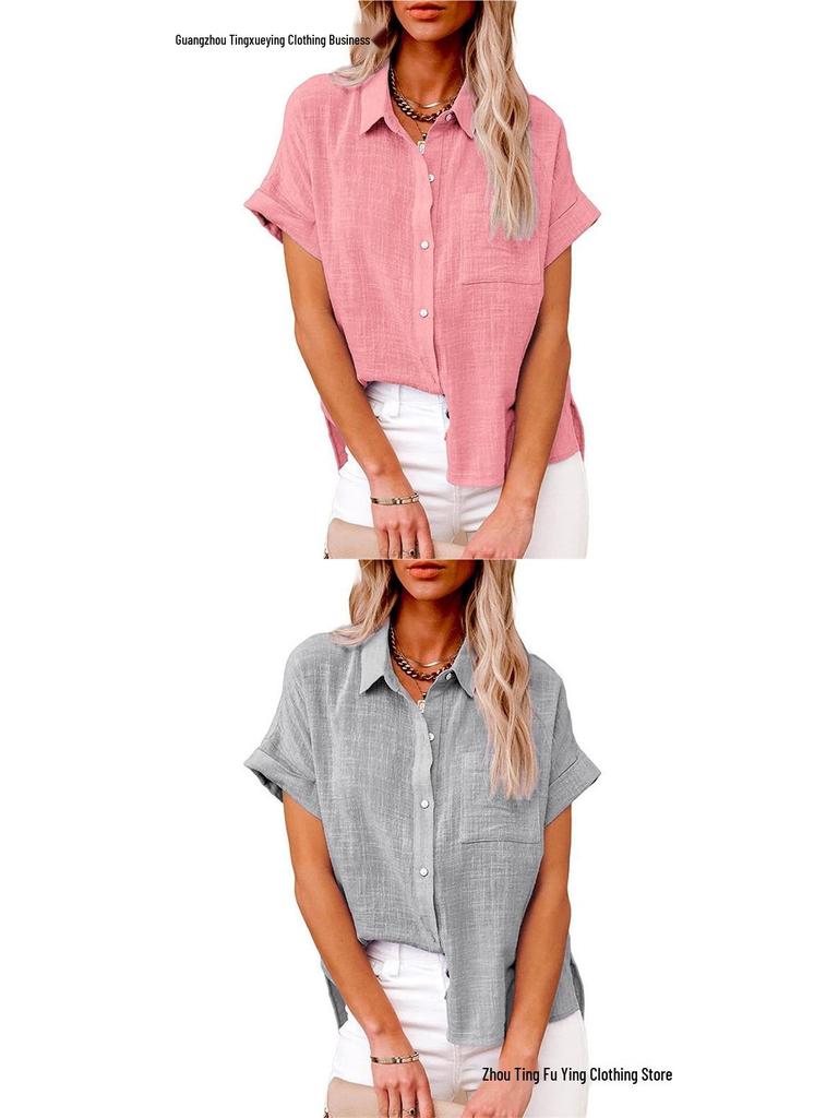 2026 Spring/Summer Women's Cotton Linen Pocket Short Sleeve Shirt