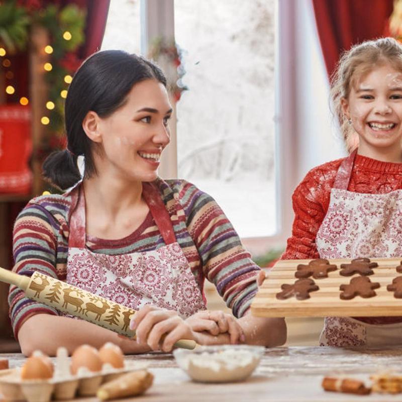 Christmas Elk Pattern Kitchen Supplies Rolling Pin Wooden Laser Carving Roller Embossed Rolling Pin Household Baking Small Tools