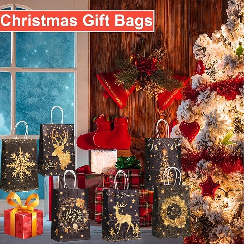 Gift Bag Handle Kraft Bag Christmas Bag Gold For Holiday Event Festive