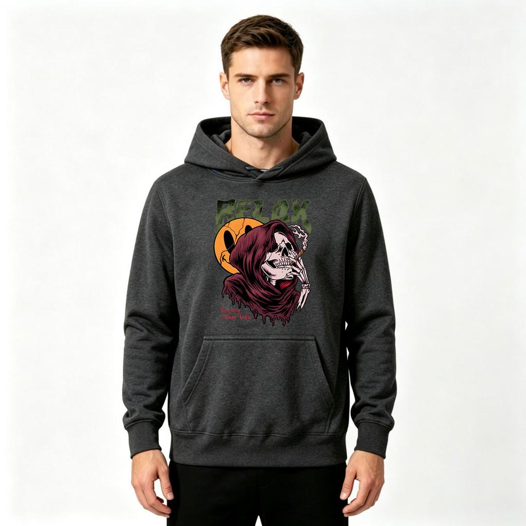 Men's Relax Grim Reaper Smoker Print Pullover Hoodie Casual Long Sleeve Hooded Sweatshirt