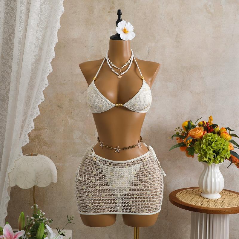 Women American Retro Mesh Sequined Three Piece Bikini Swimsuit