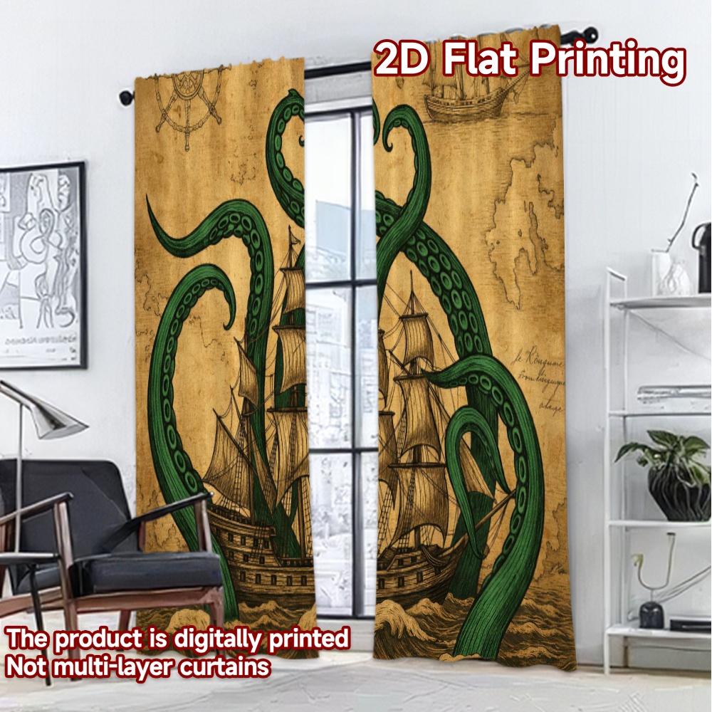 2D FLAT PRINTING 2pcs Curtains (Without Rod) Ship vs Sea Monster Pattern Modern Curtains Durable 100% Polyester Fabric Curtains