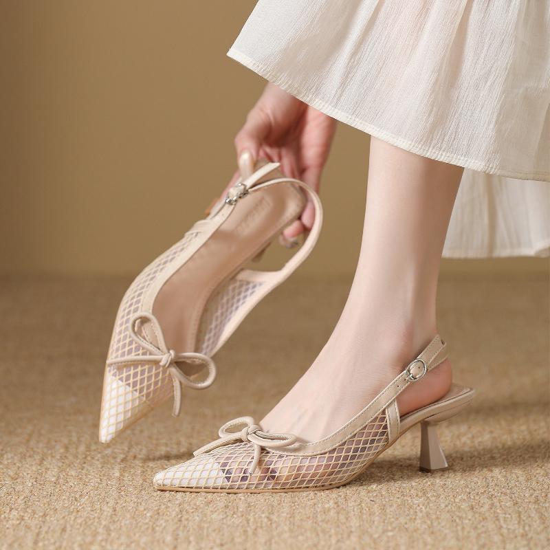 

Fashion Fashion Pointed Toe Mesh Mid Heel Pumps Women Sweet Bow Slingback Buckle Designer Shoes Elegant Banquet Dress Shoe Zapatos Mujer 35 абрикосовый