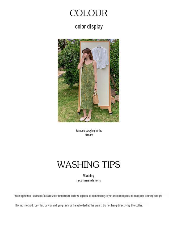 2025 Summer V-Neck Bamboo Swing Camisole Dress - Women's Slimming Spaghetti Strap Faux Silk Satin Long Dress