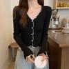 Women's Spring Korean-style Designed V-neck Ruffled Trim Slim Long-sleeve Knit Cardigan