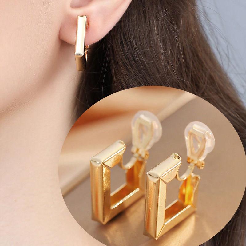 Stylish Geometric Square Hollow Metal Earrings for Women Without Piercing Ear Clips