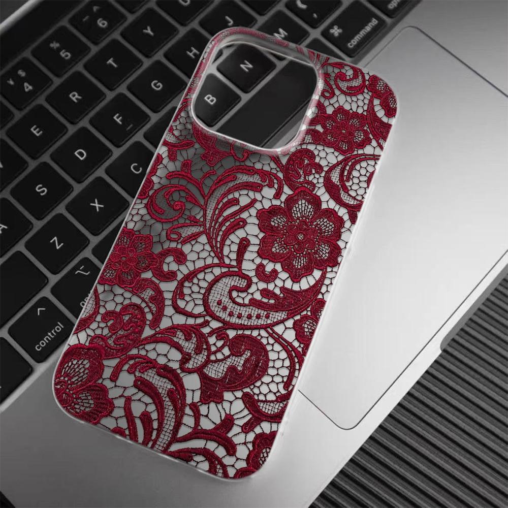 Burgundy Lace Phone Case for iPhone 17/16/15/14 Plus/13/12/11 Pro Max Clear TPU Cover Elegant Floral Pattern Protective Cover