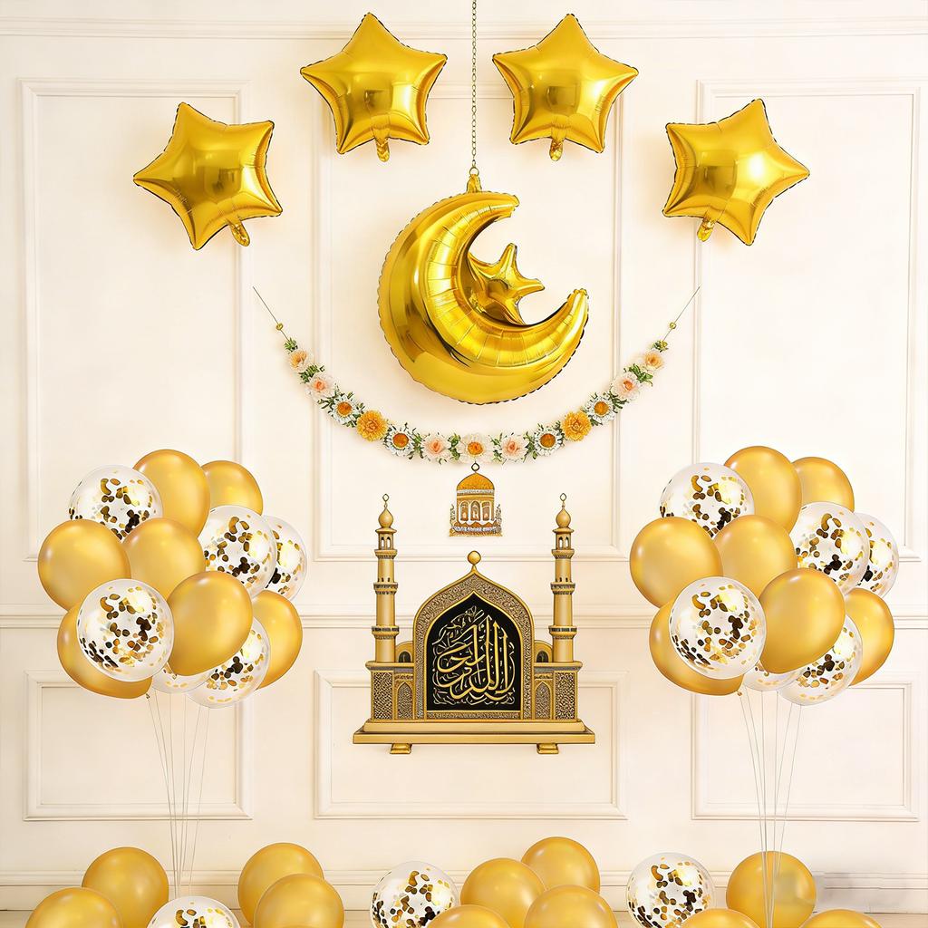 Eid Mubarak Moon and Star Foil Balloons with Latex Balloons Ramadan Theme Party Backdrop Decor Set for Indoor and Outdoor Use