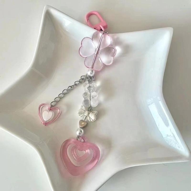 Handmade Beaded Keychain Sweet Bowknot Heart Pendant Keyring Fashion Phone Chain for Women Bag Charm Aesthetic Jewelry