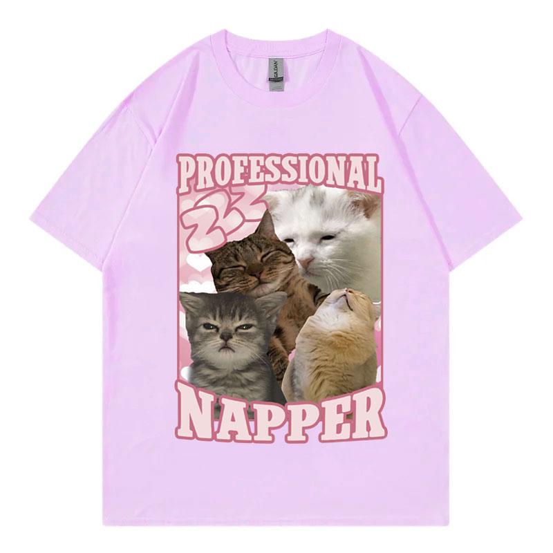 T-shirt Chat Drôle Mème Siesteur Professionnel Mode Kawaii T-shirts Manches Courtes Vêtements en Coton de Haute Qualité T-shirt Unisexe