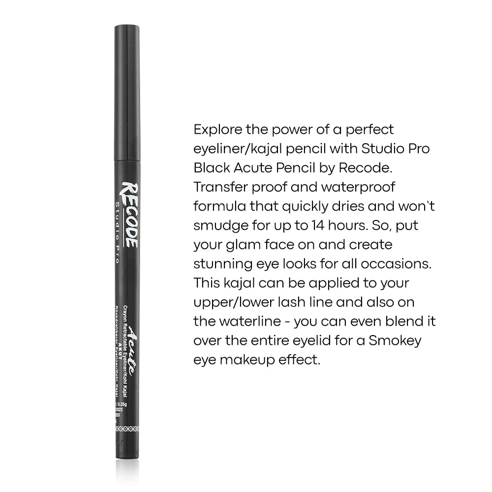 Crayon eye-liner noir Recode Acute Kajal, formule waterproof et anti-bavures, noir, 0,35 g
