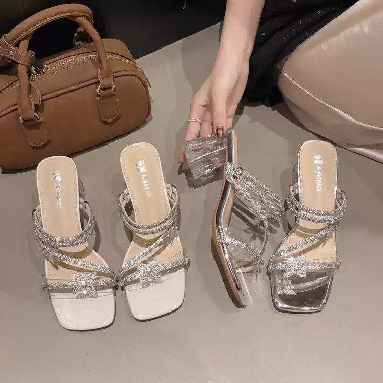 Rhinestone high-heeled slippers for women's outerwear 2025 summer new fashion bow crystal thick heel with skirt cool slippers