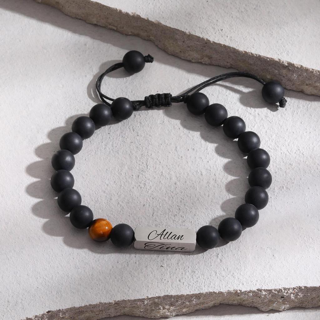 Personalized Beaded Bracelets for Men Boys,Adjustable Nartual Stone Stainless Steel Name Bar Wristband,Father Boyfriend Gifts