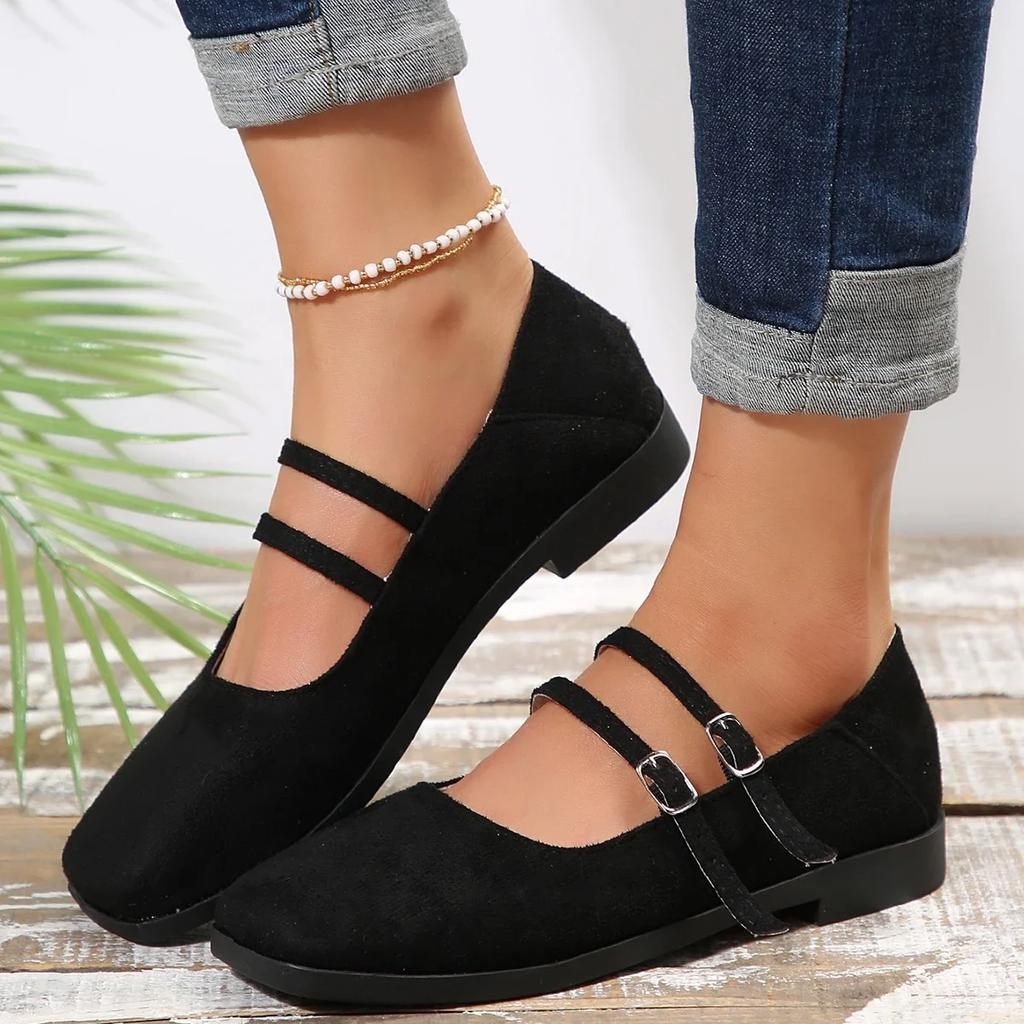Fashion Flats Female Autumn Casual Flock Buckle Strap Square Toe Mary Jane Shoes for Women Solid Casual Shoes Woman Plus Size