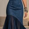 Women Denim Dress, Mesh Patchwork Mock Neck Jeans Midi Dress, Short Sleeve Cutout A-Line Swing Dress