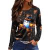Women's Long Sleeve Round Neck Top with Halloween Print and Side Slit Hem