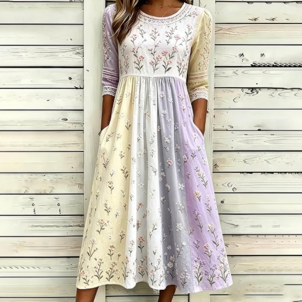 Women's Crew Neck Long Sleeve Loose Fit A-Line Midi Dress Casual 3D Floral Print