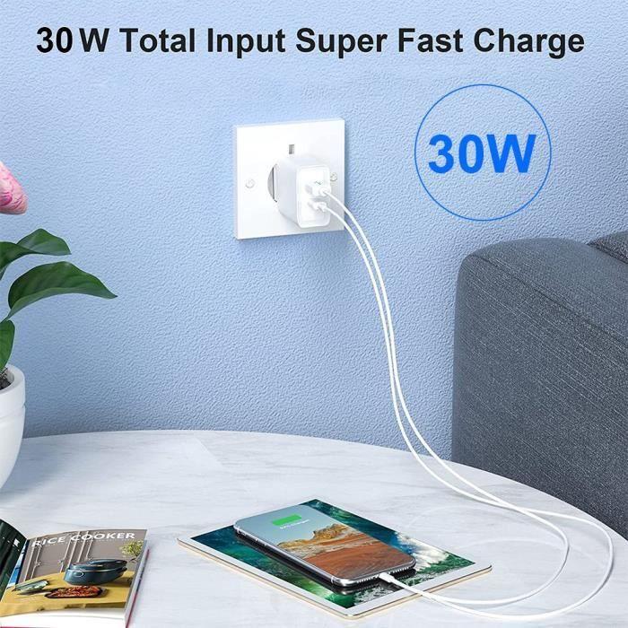 Chargeur Secteur Rapide 30W 2-Port PD 20W+QC 3.0 pour Xiaomi Redmi 13C Redmi Note 13 4G-5G Note 13 Pro Plus 5G
