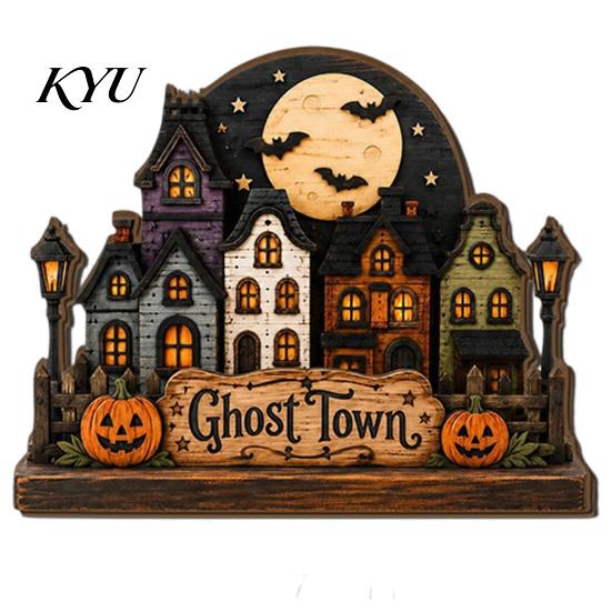 Rustic Home Hanging Sign Halloween Wooden House Pendant with Hemp Rope for Wall Door Decorative Wood Craft Decoration, Haunted Castle Ornaments